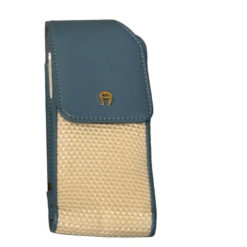 Aigner Blue Leather Straw Raffia Phone Sleeve Wrap Case Protective Pouch